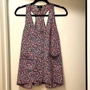 SUMMER SALE! Aqua Floral Racerback Blouse - Button Front with Pockets